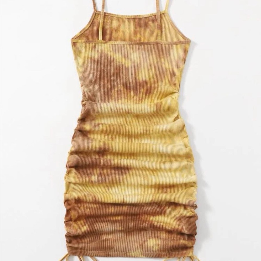 Drawstring Knot Ruched Side Tie Dye Dress